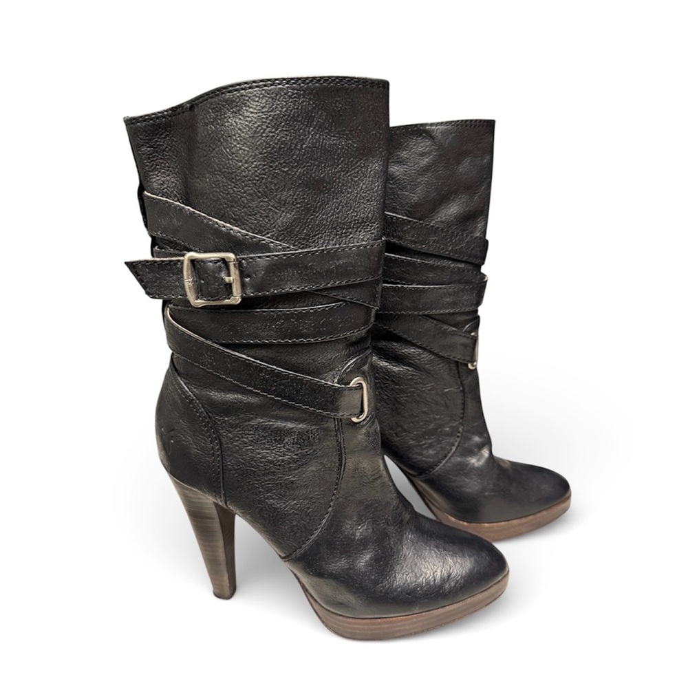 Frye Harlow Black Multi-Strap Heeled Platform Boots Size 8.5M